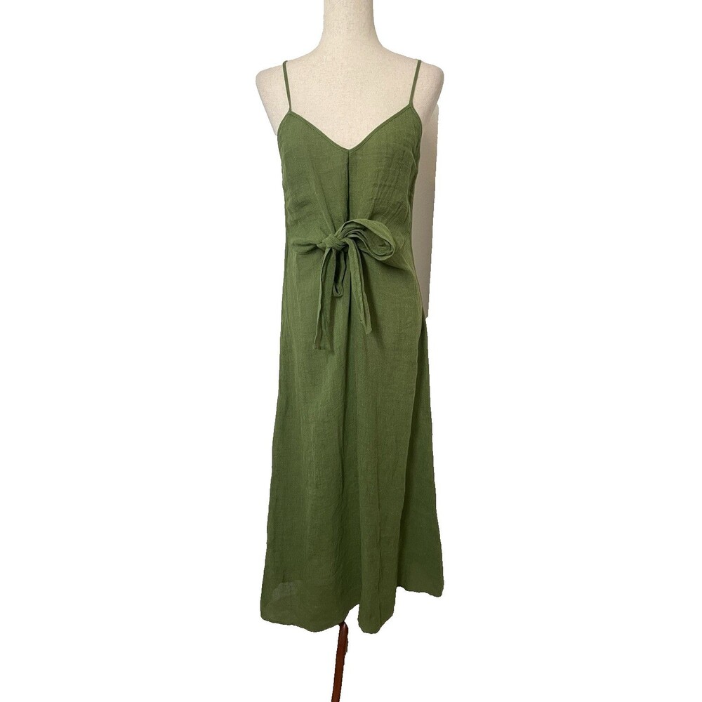 Massimo Dutti Womens Linen Dress Small Tie Front Midi Green Lagenlook Minimalist